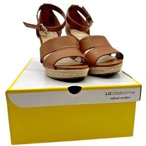 Liz Claiborne Women's Majorca Wedge Sandals Cognac Color Vegan‎ Leather Size 7.5